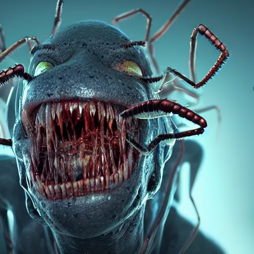 Prompt: man terrified as spiders and centipedes crawl out of his eyes and mouth, ultra realistic, horror, hyper detailed, sharp focus, ray tracing, terrifying, horrifying, octane render