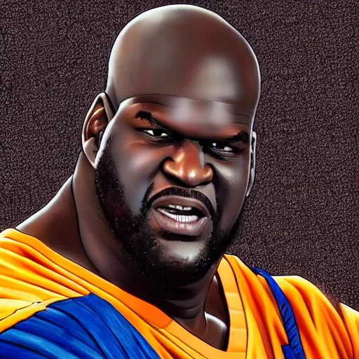 Image similar to ultra realistic portrait painting of shaquille o'neal as goku, art by akira toriyama, 4 k, dragon ball artstyle, cel shaded, highly detailed, epic lighting