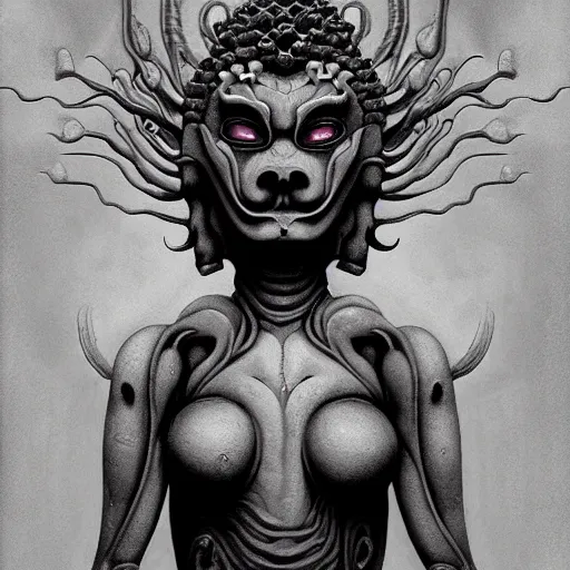 Prompt: naraka buddhist demon korean female, happy female alien, tubular creature, blood vessels, no face, dystopian surrealism, alex ries zdzisław beksinski, symmetrical long head, smooth marble surfaces, smooth marble surfaces, detailed ink illustration, detailed ink illustration, raiden metal gear, cinematic smooth stone, deep aesthetic, concept art, intricate