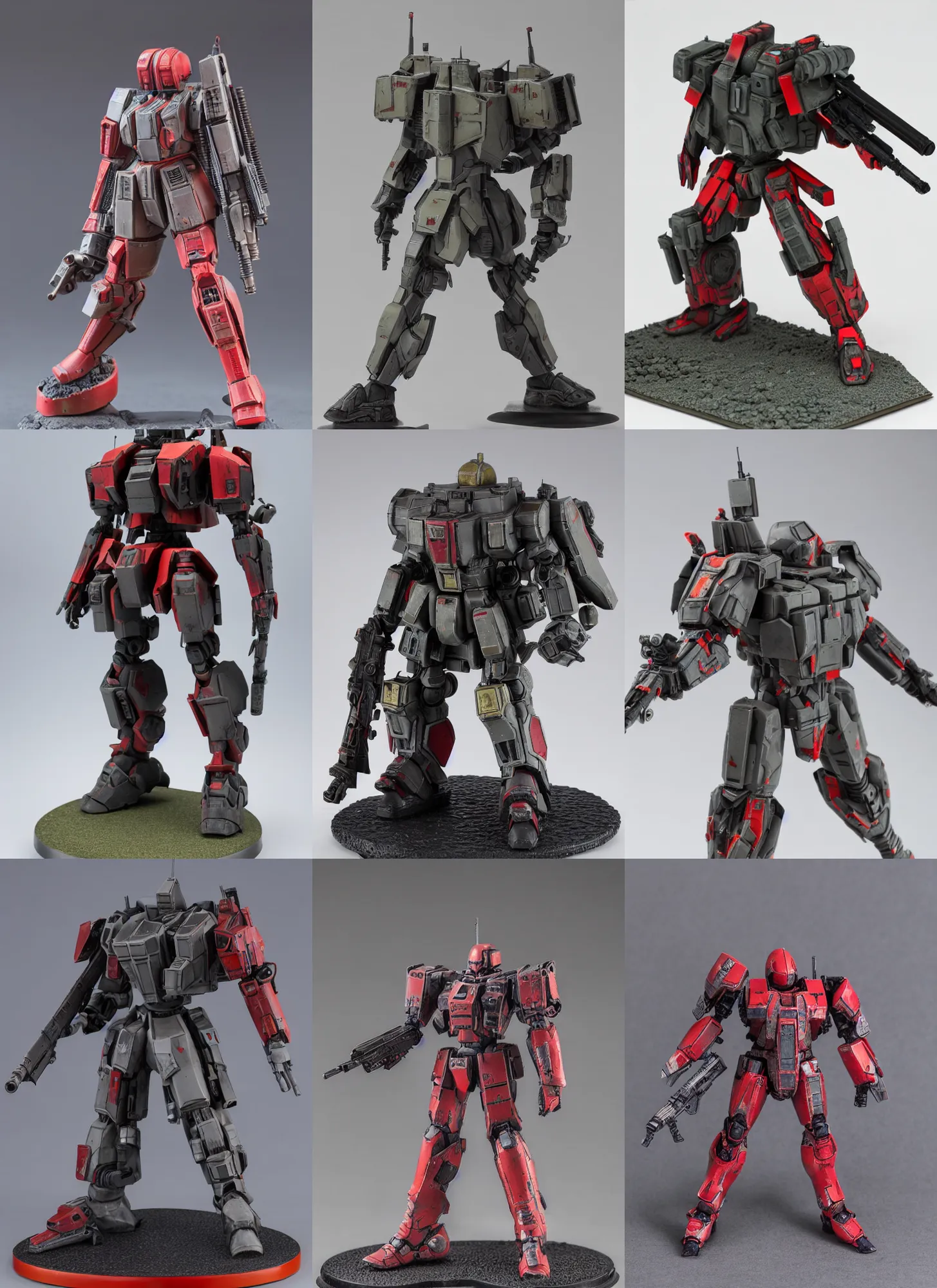 Prompt: 8 0 mm resin detailed miniature of a armored core with red, laser rifle, full body, head, legs, textured base ; product photos, 4 k, view from front