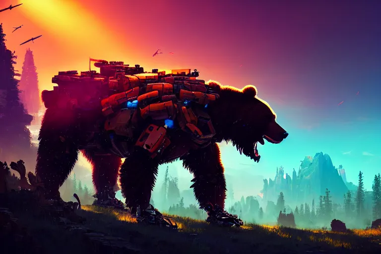 Image similar to bear - tank machine mecanical creature robot of horizon forbidden west horizon zero dawn radiating a glowing aura global illumination ray tracing hdr fanart arstation by ian pesty and alena aenami artworks in 4 k