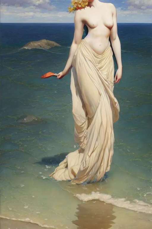 Image similar to a beautiful annie leonhart wearing a dress emerging from the water, oil on canvas, sensuality, artstation, by j. c. leyendecker and edmund blair leighton and charlie bowater, shot on sony a 7 iii