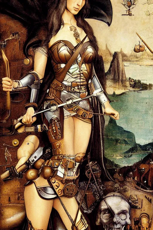 Image similar to highly detailed steampunk gal gadot, hieronymus bosch, leonardo da vinci