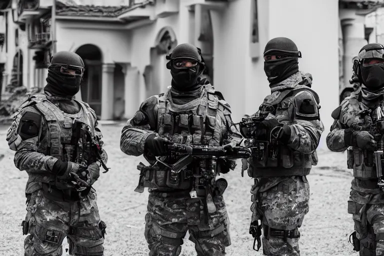 Image similar to Mercenary Special Forces soldiers in grey uniforms with black armored vest and black helmets raising a mansion in 2022, Canon EOS R3, f/1.4, ISO 200, 1/160s, 8K, RAW, unedited, symmetrical balance, in-frame, combat photography