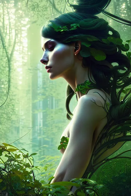 Image similar to beautiful digital painting of a stylish futuristic female forest with high detail, 8 k, stunning detail, works by artgerm, greg rutkowski and alphonse mucha, unreal engine 5, 4 k uhd