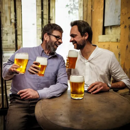 Image similar to Cedric Jubilar and Xavier dupont de ligones having a beer, award winning photography