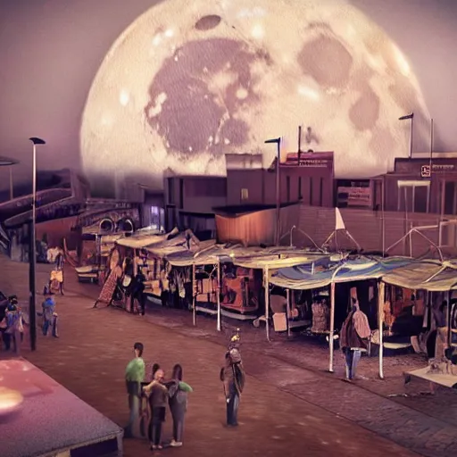 Prompt: Diorama of the arrival of man to the moon, lunar walk, with the image of planet Earth in the background, year 1968, With street food stalls, street marinship stalls Alexander Jansson Style, Realistic, many details, ultra detailed, octane render, real engine 5