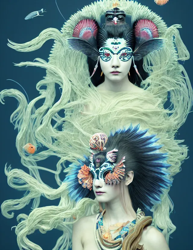 Image similar to 3 d slvic goddess half - turn portrait with long hair with ram skull. beautiful intricately detailed japanese crow kitsune mask and clasical japanese kimono. betta fish, jellyfish phoenix, bio luminescent, plasma, ice, water, wind, creature, artwork by tooth wu and wlop and beeple and greg rutkowski