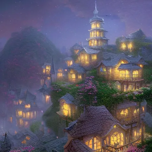 Prompt: A beautiful matte painting of a beautifully intricate town, Thomas Kinkade, 4k unreal engine, tilt-shift effect, Samorost