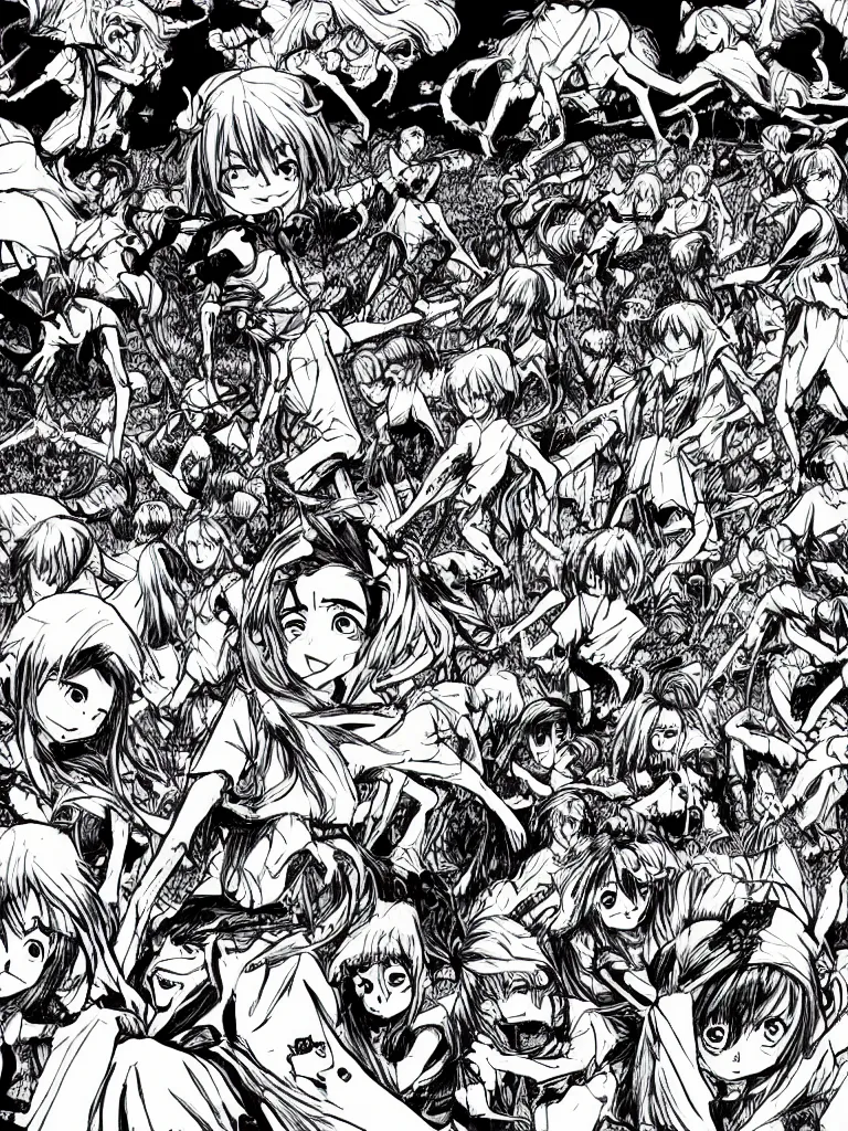 Image similar to field with demons attacking humans, manga