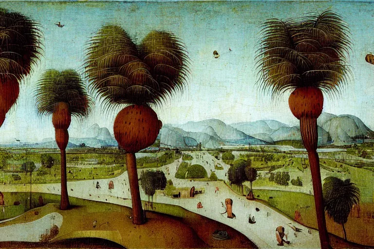 Image similar to southern california landscape palm trees freeway painted by hieronymus bosch