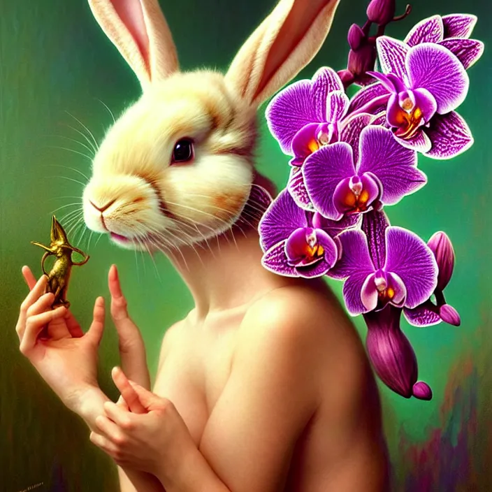 Image similar to psychedelic bunny made of orchid, diffuse lighting, fantasy, intricate, elegant, highly detailed, lifelike, photorealistic, digital painting, artstation, illustration, concept art, smooth, sharp focus, art by John Collier and Albert Aublet and Krenz Cushart and Artem Demura and Alphonse Mucha