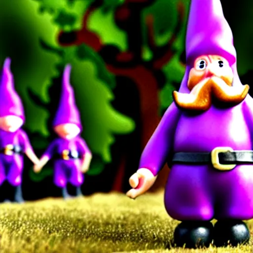 Prompt: purple gnome controlling spirits to fight off tree people in a winery. fantasy