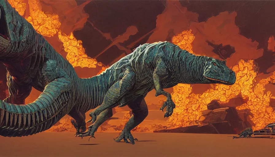 Image similar to the impact that destroyed the dinosaurs by syd mead and moebius, hyperrealistic, dinosaurs scorched