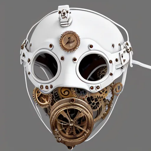 Prompt: extremly detailed white ceramic steampunk mask, high details, photorealistic, 8 k, sharp focus, white ceramic material