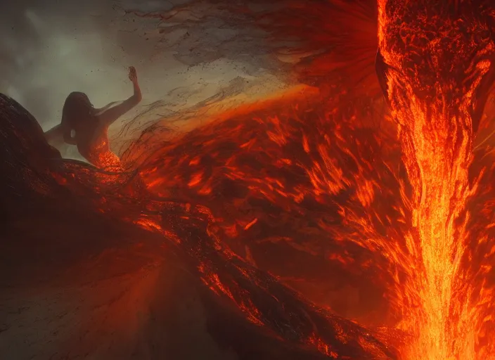 Prompt: still from a feature film avatar, goddess pele rising from a volcanoe spewing lava glowing, in style of wayne barlow, karol bak, nature futurism, pagan occultism, mystical colors, rim light, beautiful lighting, 8 k, stunning scene, raytracing, : : anamorphic lens, hyper - real, : : 8 k