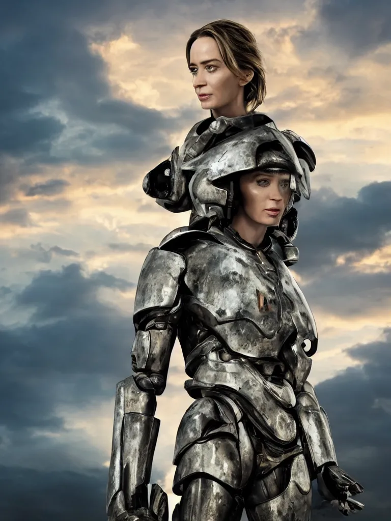 Image similar to emily blunt in futuristic power armor, close up portrait, solitary figure standing atop a pile of rubble, holding a sword on her shoulder, sunset and big clouds behind her