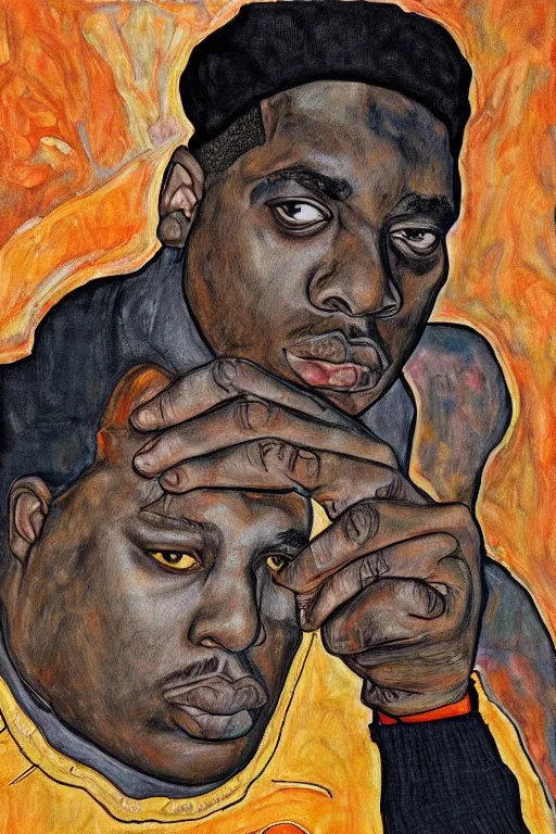 Prompt: a portrait of biggie small in style of egon schiele, masterpiece, hyperdetailed, complex, intricate, photorealistic!!, 4 k, trending on artstation