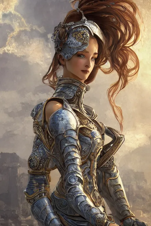 Image similar to portrait knights of Zodiac girl, silver and ice color reflected armor, in ruined Agora of Athens, ssci-fi, fantasy, intricate, very very beautiful, elegant, golden light, highly detailed, digital painting, artstation, concept art, smooth, sharp focus, illustration, art by WLOP and tian zi and alphonse mucha