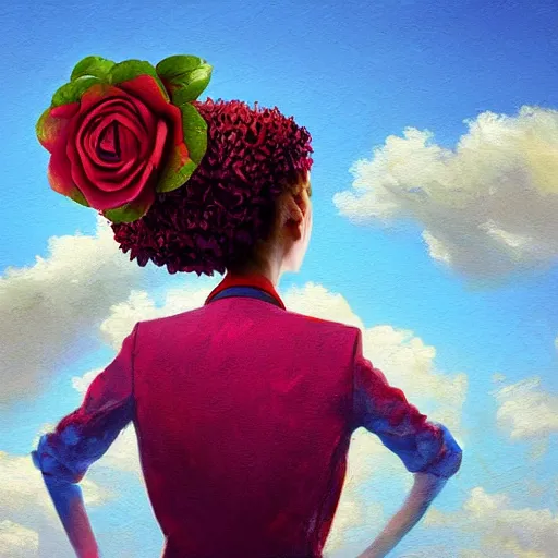 Image similar to closeup, giant rose flower head, portrait, a girl in a suit, surreal photography, sunrise, blue sky, dramatic light, impressionist painting, digital painting, artstation, simon stalenhag