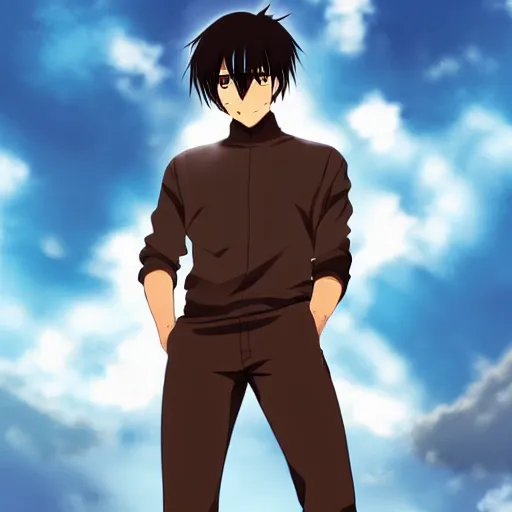 Image similar to A man with tan skin, brown eyes, and hip-length, shiny, black hair, anime, manga