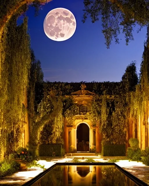 Image similar to photo of beautiful rococo courtyard under moonlight, large glowing moon, pool with reflections, weeping willows and flowers, hellenistic sculptures, romantic, archdaily,