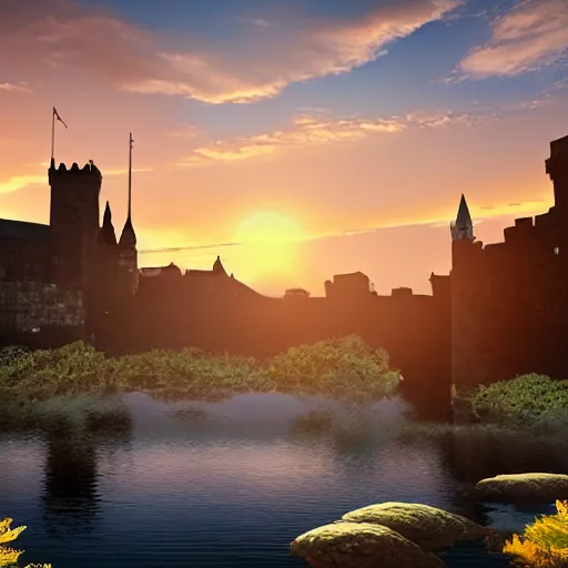 Image similar to underwater, fish swimming around Edinburgh Castle, sunset, concept art in style of Greg Rutkowki, dynamic lighting, 4k, very highly detailed