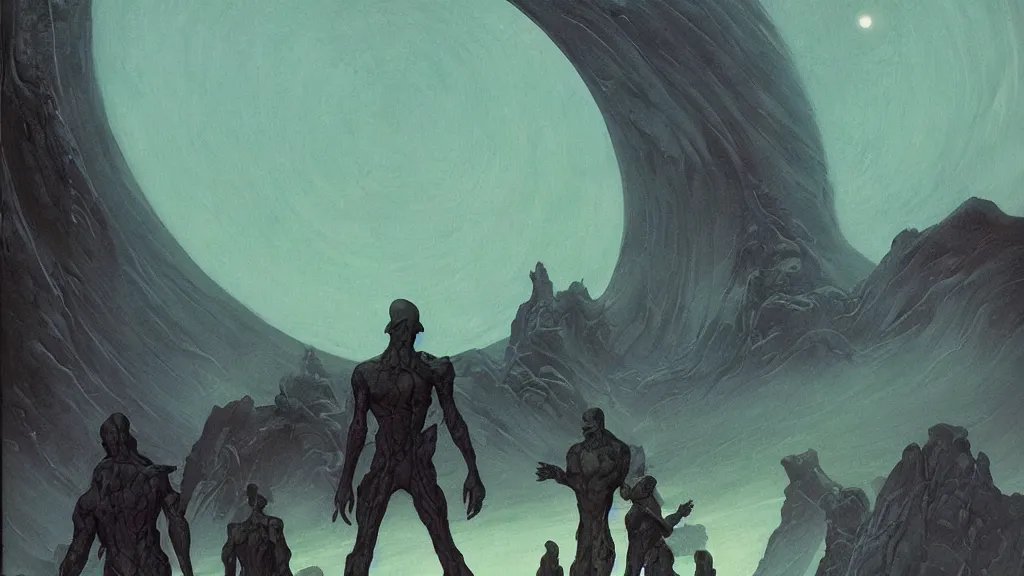 Image similar to eerie atmospheric evolving alien planet by gerald brom and vincent di fate, epic cinematic matte painting