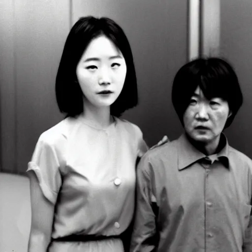 Image similar to archive of the actress Choi Eun-Hee and director Shin Sang-ok, Reuters, 35mm film, film grain, mysterious exterior, underexposed