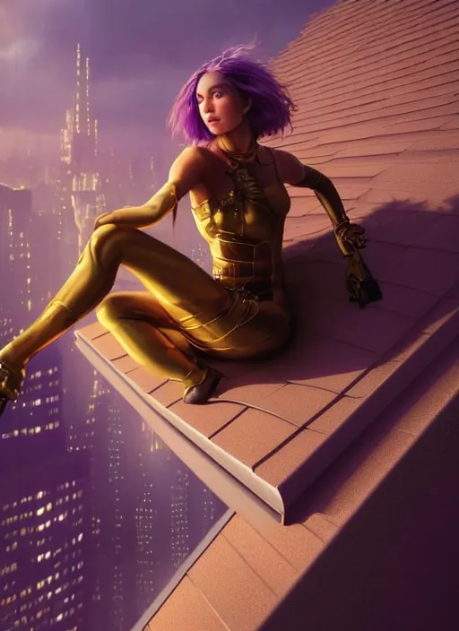 Image similar to young woman sits on the edge of the roof : : purple - gold streets cyberpunk : : weta disney pixar movie still photo : : decadent highly - detailed digital painting, heroic pose, full length shot, golden ratio, octane render, artstation, smooth, sharp focus, artgerm, mucha, loish, wlop, gogo