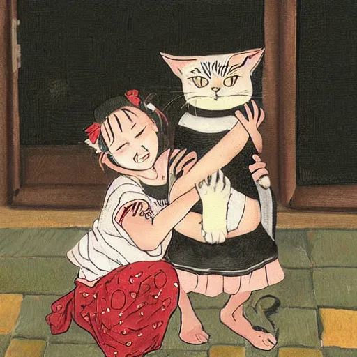 Prompt: Two girls struggling to hold a very angry and annoyed cat who is attempting to flee, painting by Yoshitomo Nara