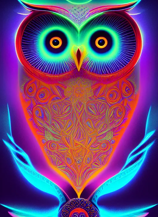 Image similar to symmetry!! product render poster vivid colors divine proportion owl, divine, glowing fog intricate, elegant, highly detailed, digital painting, artstation, concept art, smooth, sharp focus, illustration,