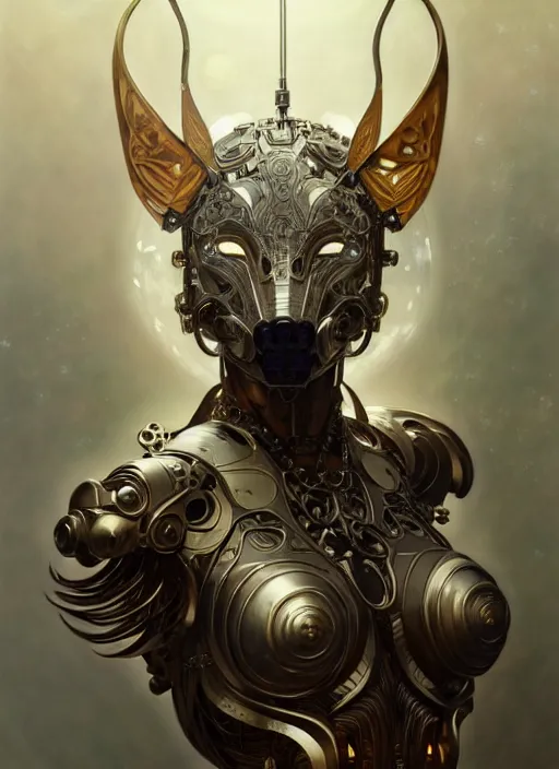 Image similar to organic cyborg, wolf mask opening, diffuse lighting, fantasy, intricate, elegant, highly detailed, lifelike, photorealistic, digital painting, artstation, illustration, concept art, smooth, sharp focus, art by John Collier and Albert Aublet and Krenz Cushart and Artem Demura and Alphonse Mucha