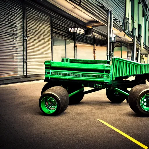 Image similar to a glossy product photograph of a shopping cart with monster truck wheels and large exhaust pipes. subtle green backlighting. wide shot. intricate detail. hyper realistic.