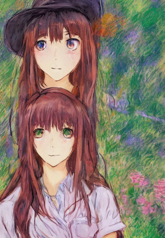 Image similar to wide angle portrait of a teenage girl, a thrifty outfit, somewhat of an anime in impressionist style, fantasy forest background, trending artwork, illustrated in anime painter studio, by claude monet and an anime artist, collaboration