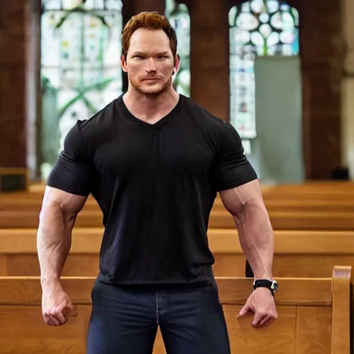 Image similar to bodybuilder chris pratt at church geog darrow greg rutkowski