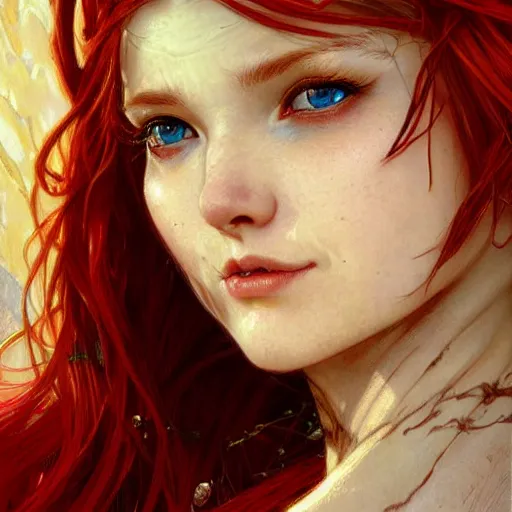 Prompt: highly detailed closeup portrait of beautiful elf woman with red hair, very detailed, realistic, card, by Stanley Artgerm Lau, greg rutkowski, thomas kindkade, alphonse mucha, loish, norman rockwell J.