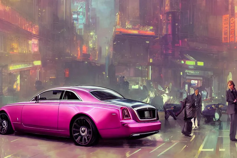Image similar to photograph of a shiny hot pink rolls royce, with a sleek spoiler, driving down the streets of london cyberpunk city, by greg rutkowski, by stanley artgerm, by alphonse mucha