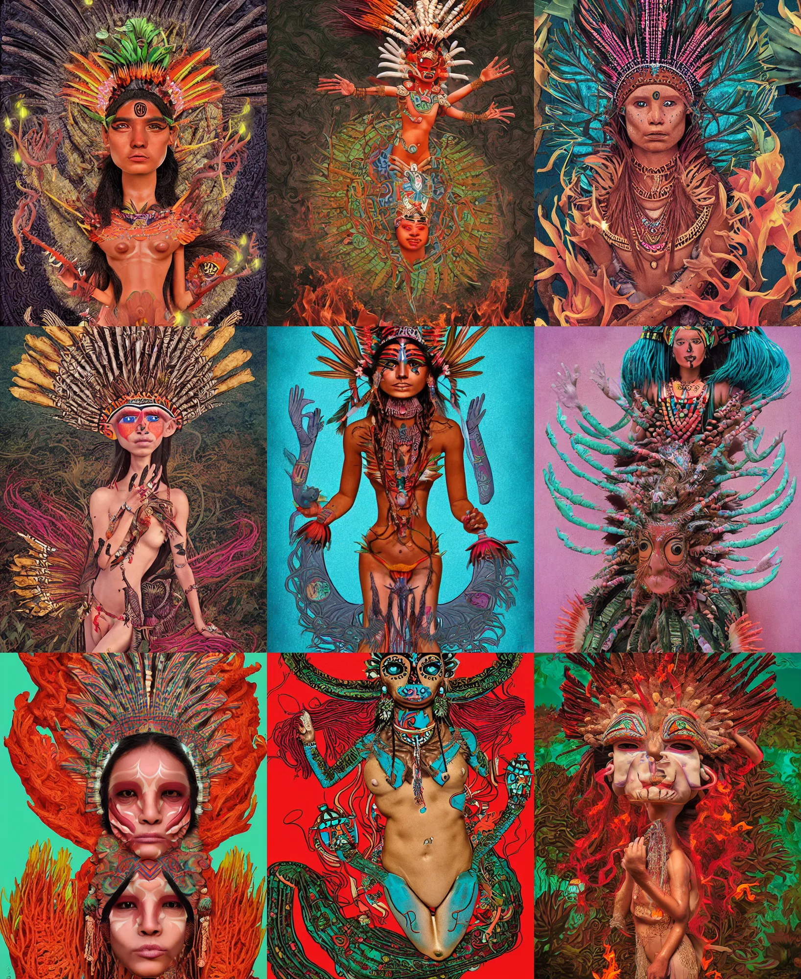 Prompt: the beautiful aztec goddess cuaxolotl, the dual goddess of death and fertility, appears as the fire goddess, a beautiful young indigenous mexican woman. figurative art aesthetic, anatomy revealed pop art hoze naghashi aesthetic, surreal object photography aesthetic, low polygon art aesthetic, steven mccurry portrait