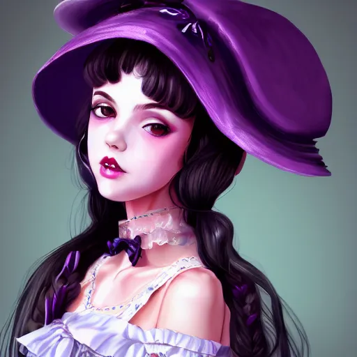 Prompt: a girl wearing lolita clothes, purple lipstick, highly detailed, digital painting, artstation, concept art, smooth, sharp focus, illustration