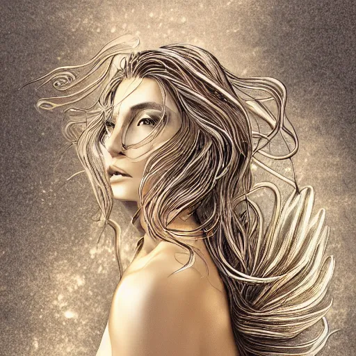 Image similar to gold and silver tones, mermaid, style of moebius, james jean, rutkowski, cinematic, high detail, award winning, 8 k photorealistic