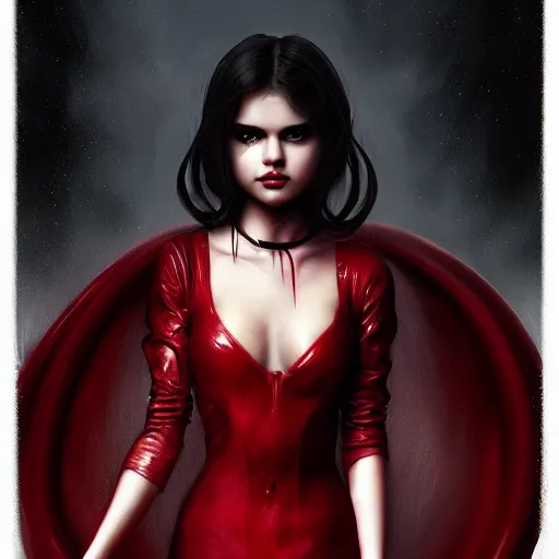 Prompt: portrait of selena gomez latex dress, blood red eyes, vampire fangs, fantasy, intricate, elegant, highly detailed, digital painting, artstation, concept art, matte, sharp focus, illustration, octane render, unreal engine, art by aenaluck and roberto ferri and greg rutkowski, epic fantasy, digital painting