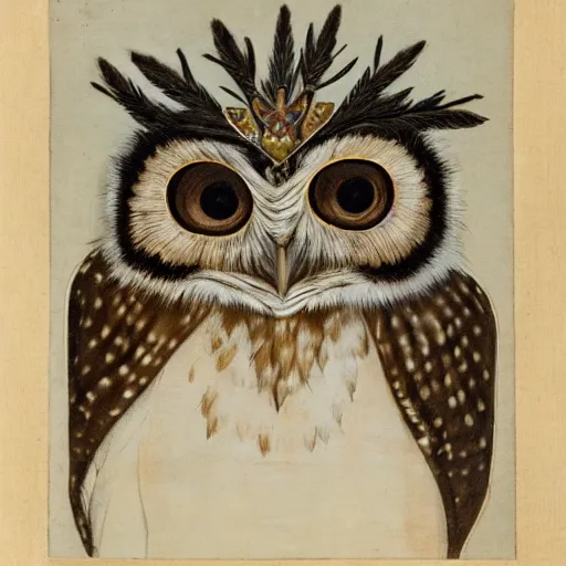 Image similar to a renaissance style portrait of an Eurasian scops owl (Otus scops) wearing a crown and a cape, dark background