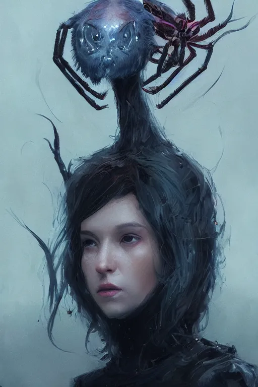 Image similar to A fancy portrait of a half women half spider creature by Greg Rutkowski, beeple, Sung Choi, Mitchell Mohrhauser, Maciej Kuciara, Johnson Ting, Maxim Verehin, Peter Konig, Bloodborne, 8k photorealistic, cinematic lighting, HD, high details, dramatic, dark atmosphere, trending on artstation