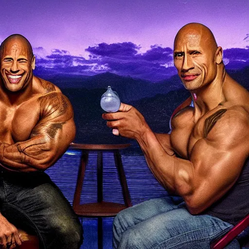 Prompt: Dwayne Johnson and Pepe the Frog having a drink in a nighttime hotel, realistic, hyperreal, beautiful lighting, masterpiece, wide angle, photorealistic