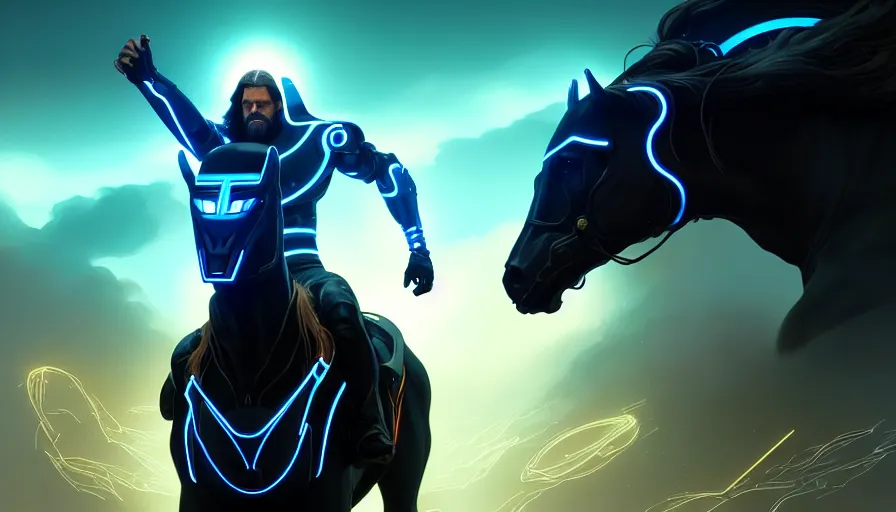 Image similar to tron legacy jesus riding cyborg horse, face, diffuse lighting, hyper realistic, concept art, intricate, hyper detailed, smooth, sharp focus, illustration, trending on artstation, art by greg rutkowski and james gurney and alphonse mucha