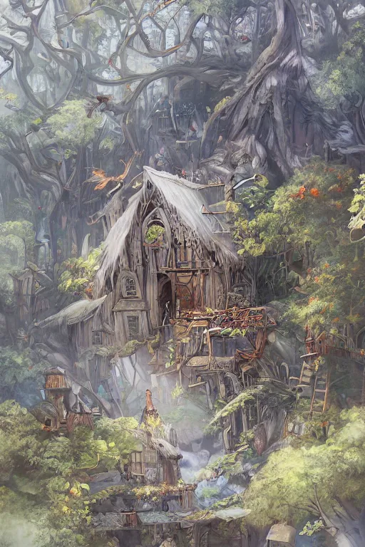 Image similar to a storybook illustration of a ramshackle multistory fairytale hut in the forest, intricate, elegant, fantasy, highly detailed, digital painting, concept art, sharp focus, artstation