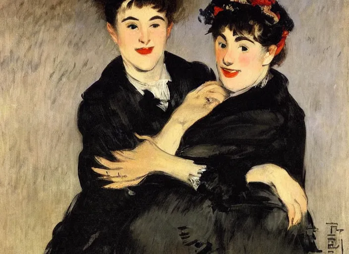 Image similar to portrait of a lesbian couple!!! high details! moody! smiling!! romantic, slight fog!!! by édouard manet