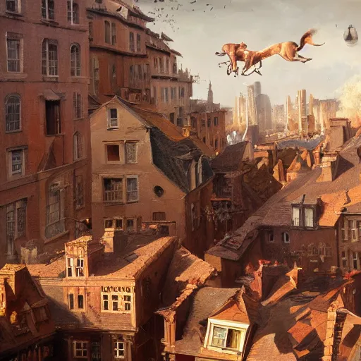 Image similar to a highly detailed oil painting of a giant dachshund smashing houses, renaissance, bystanders watching from the sides, 4 k, by greg rutkowski, artstation,