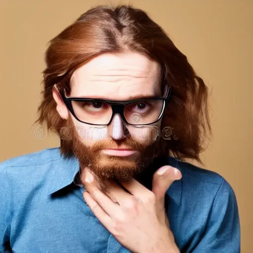 Prompt: full photo of a guy with chestnut hair long hair glasses as a hostage negotiation stock image